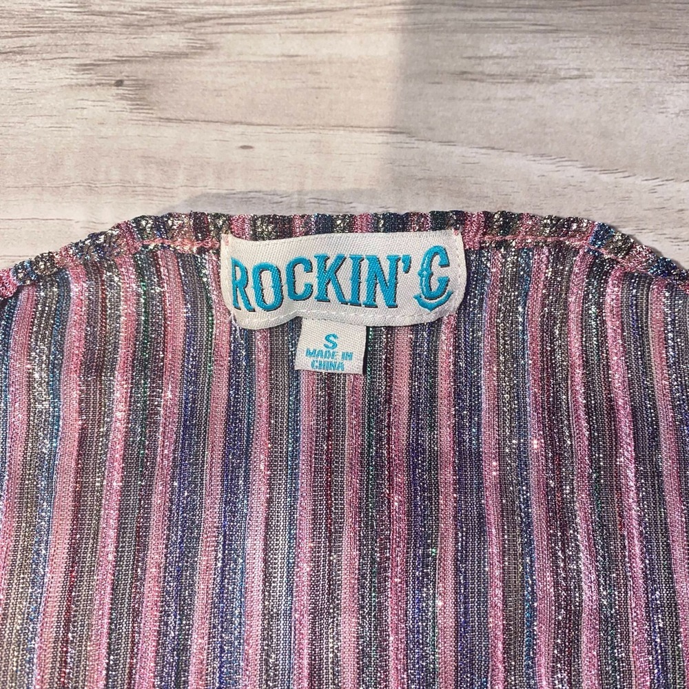 Rockin' C Womens Multicolor Metallic Sheer Striped V-Neck Blouse Top Size Small - Picture 9 of 14
